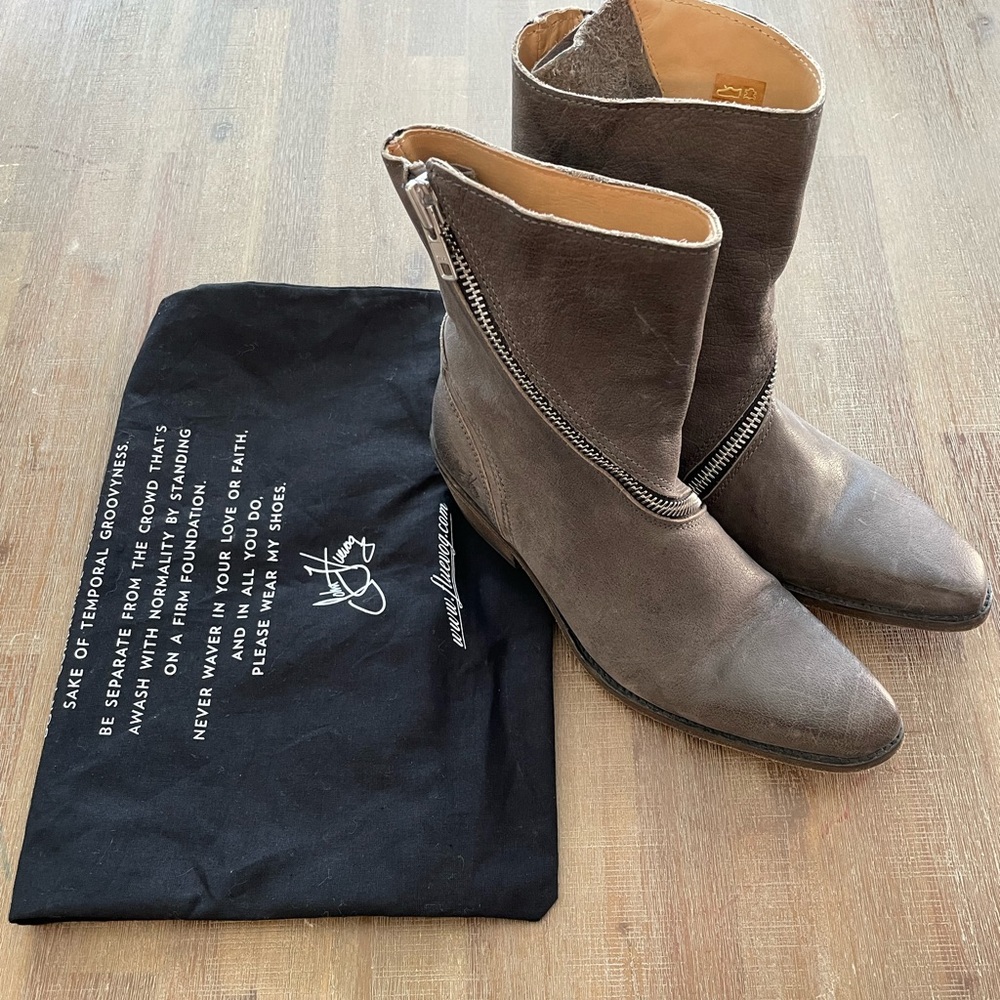 John Fluevog Taupe Brown Leather Zip-Heel Boots